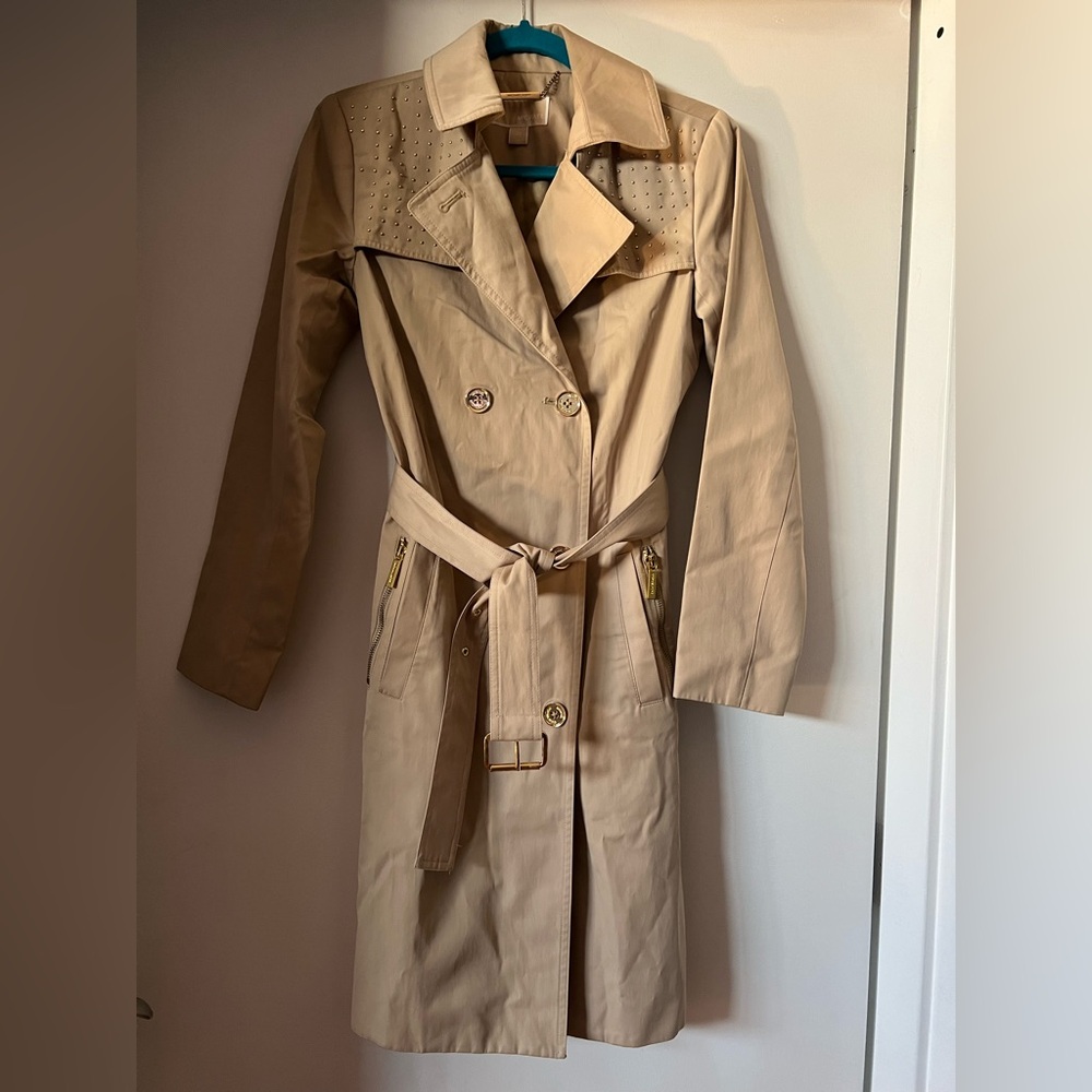 MICHAEL Michael Kors Tan Trench Coat with Stud Accents